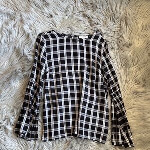 beachlunchlounge Black and White Plaid Long Bell-Sleeve Top